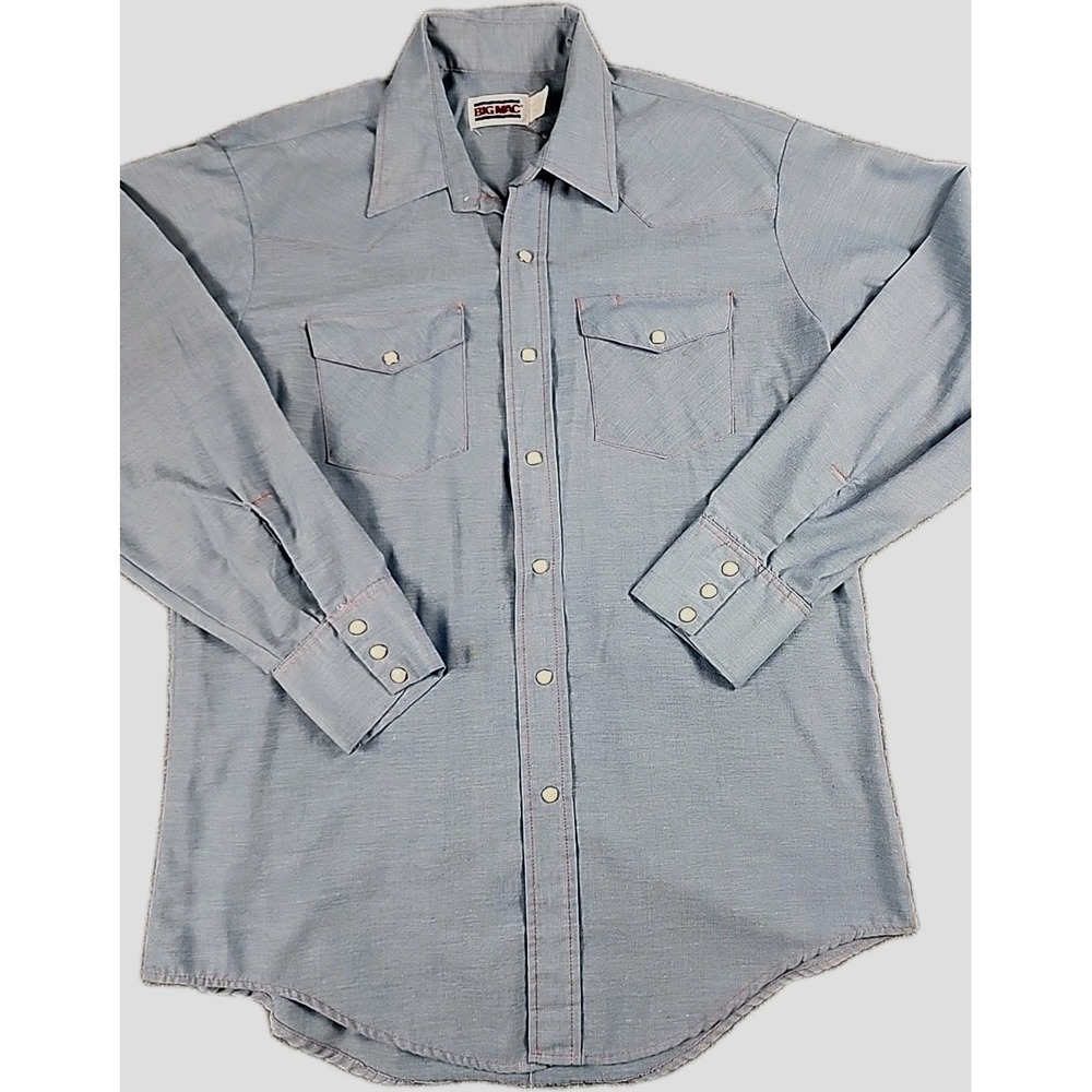 Vintage Big Mac Mens L Rockabilly‎ Western Denim Pearl Snap Button Shirt USA 70s